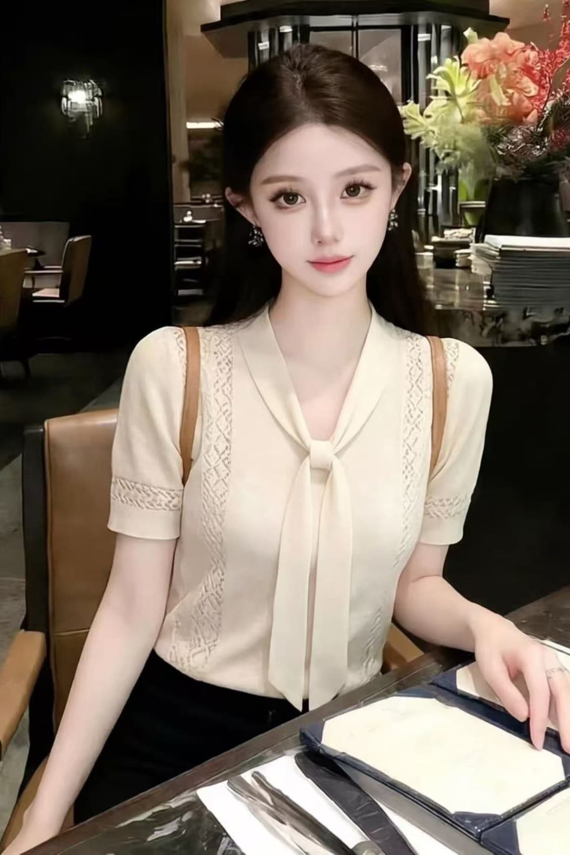 레트로 외국 가스 레이스업 반팔 니트 스웨터 여성 여름 새로운 슈퍼 잘 생긴 폭발 슬림해 보이는 맨위 이미지 6