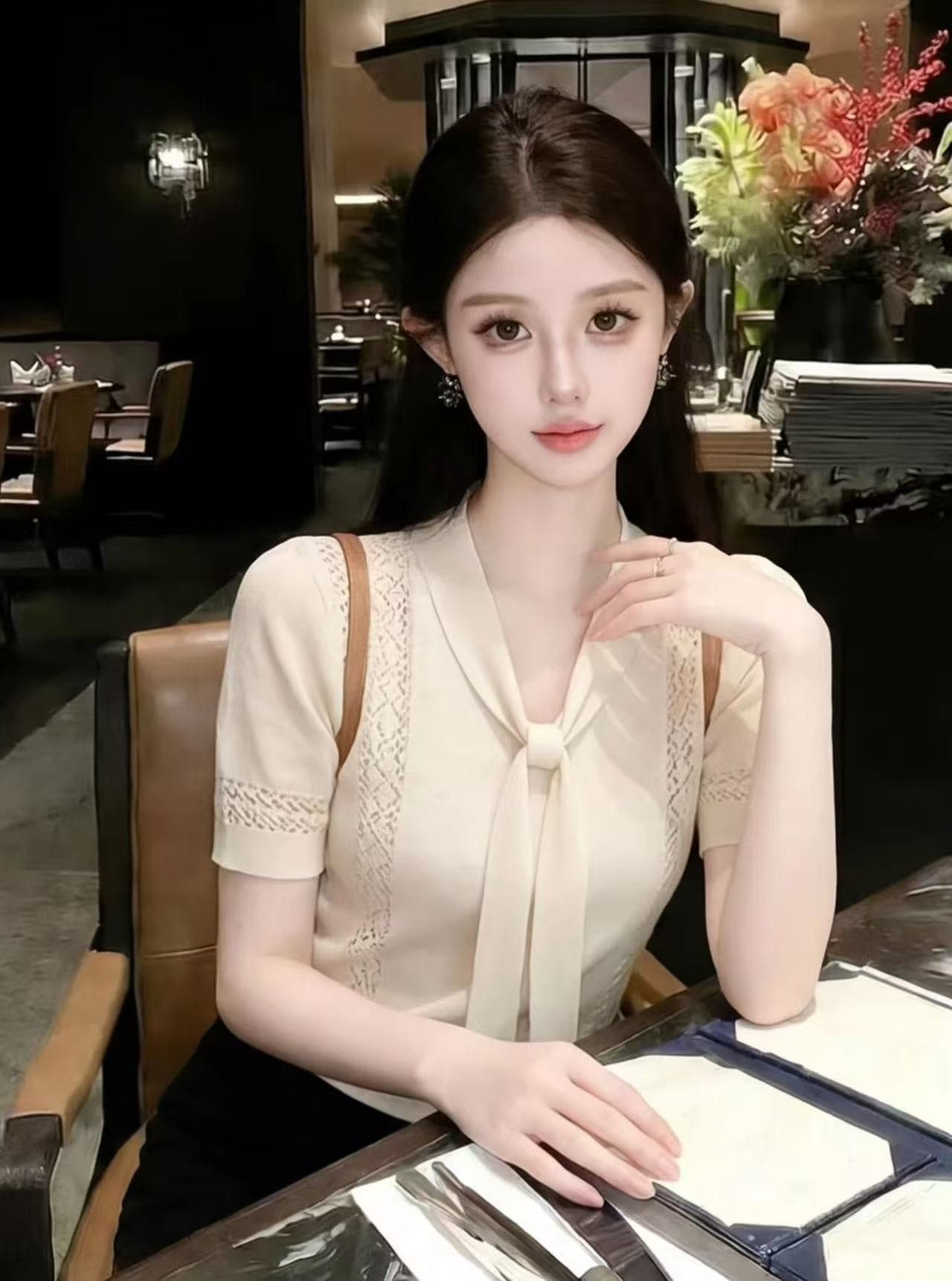 레트로 외국 가스 레이스업 반팔 니트 스웨터 여성 여름 새로운 슈퍼 잘 생긴 폭발 슬림해 보이는 맨위 상세 이미지 1
