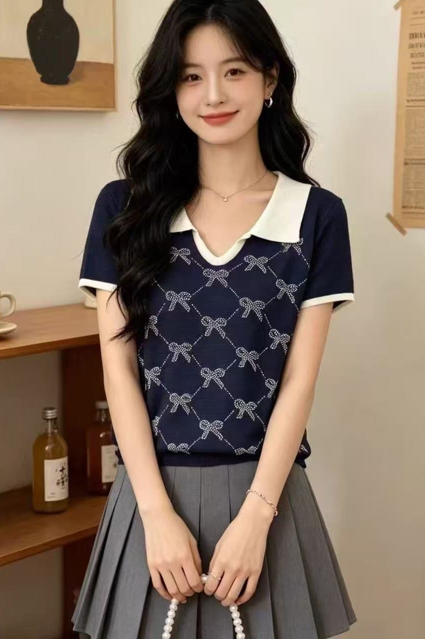 학원 스타일 해군 배색 POLO 칼라 니트 반팔 여성 여름 나비 매듭 링 그리드 몸매 가꾸기 슬림해 보이는 다용도 맨위 이미지 6