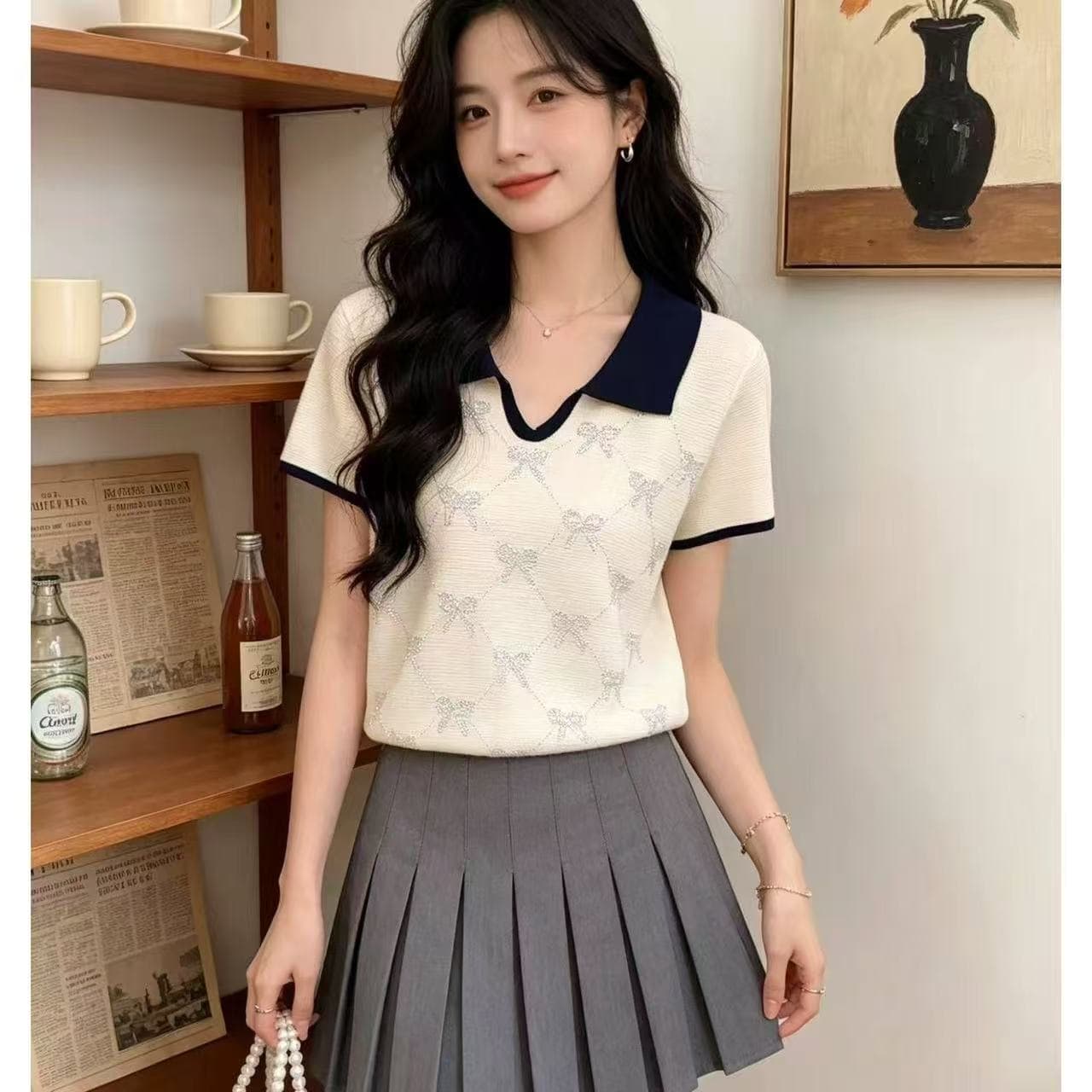 학원 스타일 해군 배색 POLO 칼라 니트 반팔 여성 여름 나비 매듭 링 그리드 몸매 가꾸기 슬림해 보이는 다용도 맨위 상세 이미지 1
