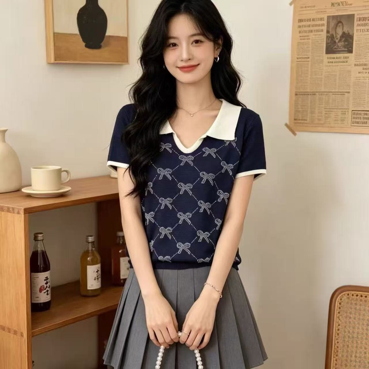 학원 스타일 해군 배색 POLO 칼라 니트 반팔 여성 여름 나비 매듭 링 그리드 몸매 가꾸기 슬림해 보이는 다용도 맨위 상세 이미지 2