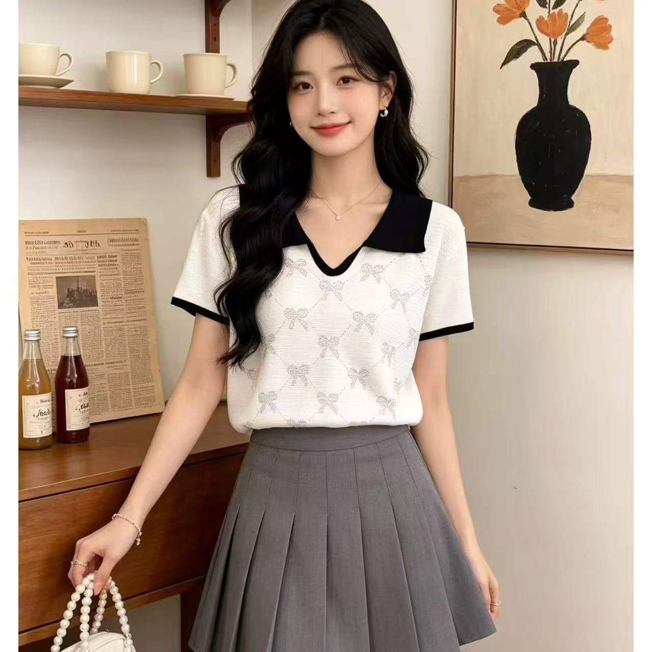 학원 스타일 해군 배색 POLO 칼라 니트 반팔 여성 여름 나비 매듭 링 그리드 몸매 가꾸기 슬림해 보이는 다용도 맨위 상세 이미지 3