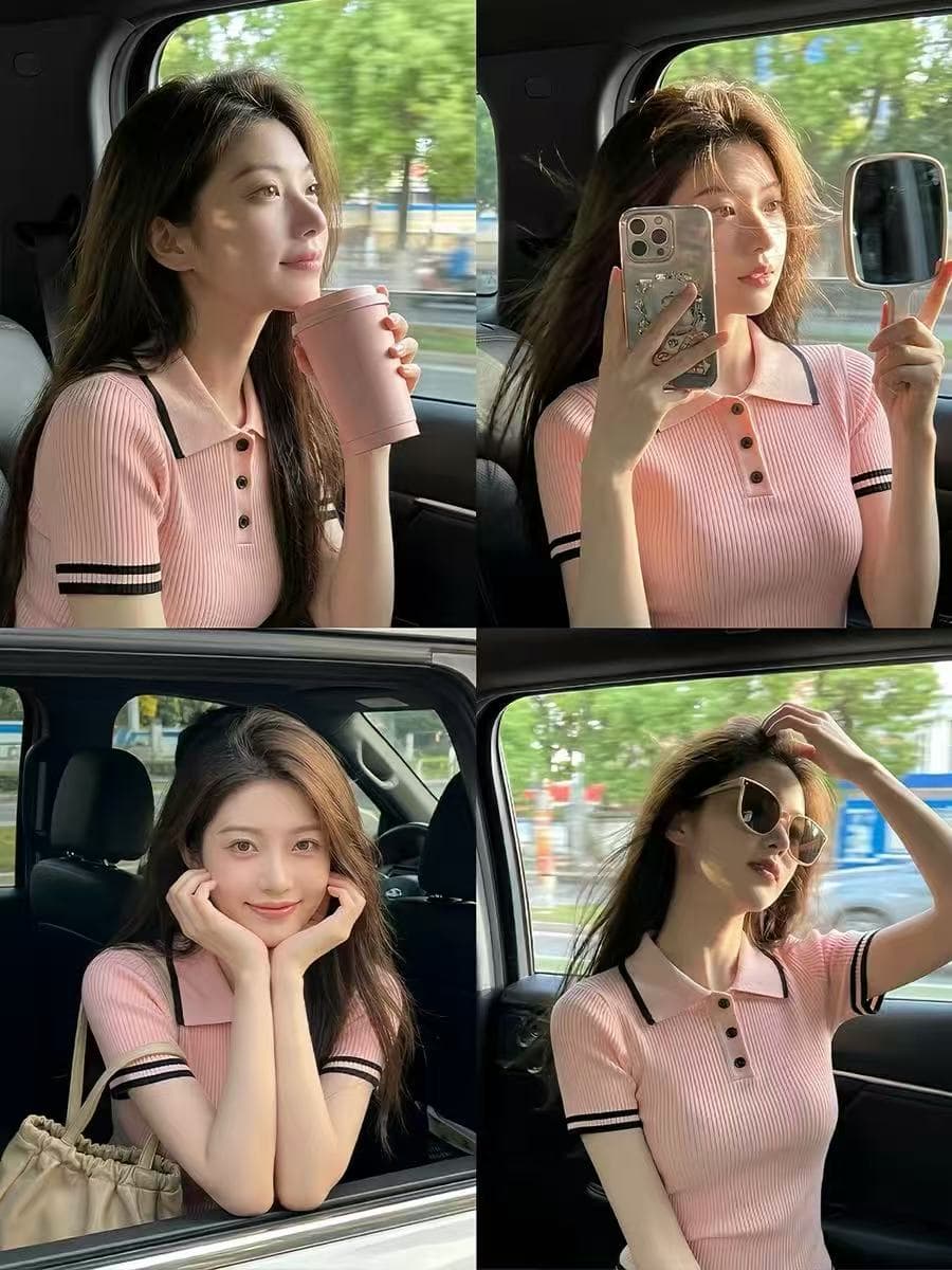 한 부서 부드러운 핑크색 폴로 칼라 반팔 니트 스웨터 여성 여름 고유 한 아름다운 POLO 칼라 다용도 신축성 작은 맨위 이미지 3