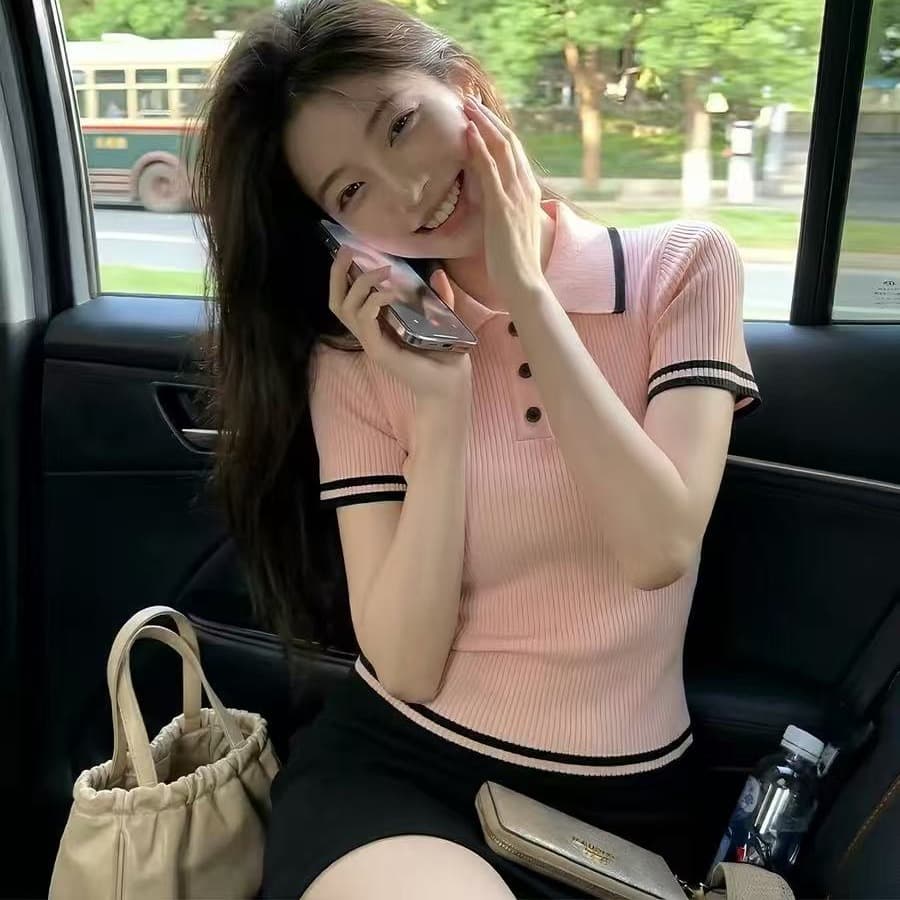 한 부서 부드러운 핑크색 폴로 칼라 반팔 니트 스웨터 여성 여름 고유 한 아름다운 POLO 칼라 다용도 신축성 작은 맨위 이미지 5