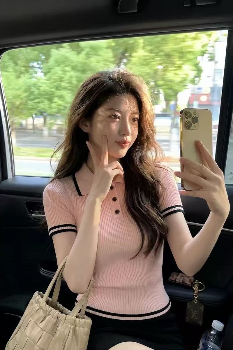 한 부서 부드러운 핑크색 폴로 칼라 반팔 니트 스웨터 여성 여름 고유 한 아름다운 POLO 칼라 다용도 신축성 작은 맨위 이미지 6