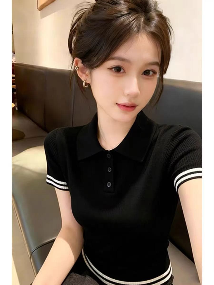 한 부서 부드러운 핑크색 폴로 칼라 반팔 니트 스웨터 여성 여름 고유 한 아름다운 POLO 칼라 다용도 신축성 작은 맨위 상세 이미지 1