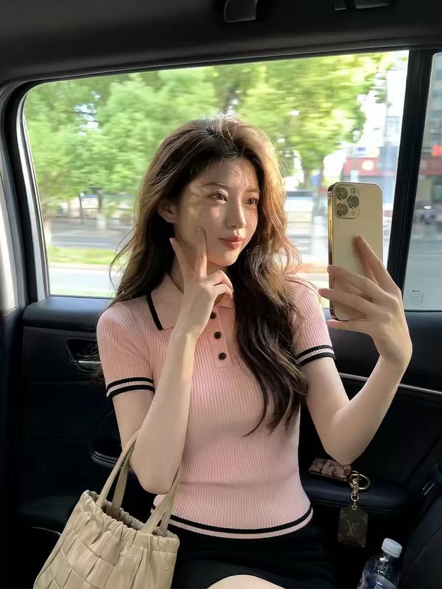 한 부서 부드러운 핑크색 폴로 칼라 반팔 니트 스웨터 여성 여름 고유 한 아름다운 POLO 칼라 다용도 신축성 작은 맨위 상세 이미지 3