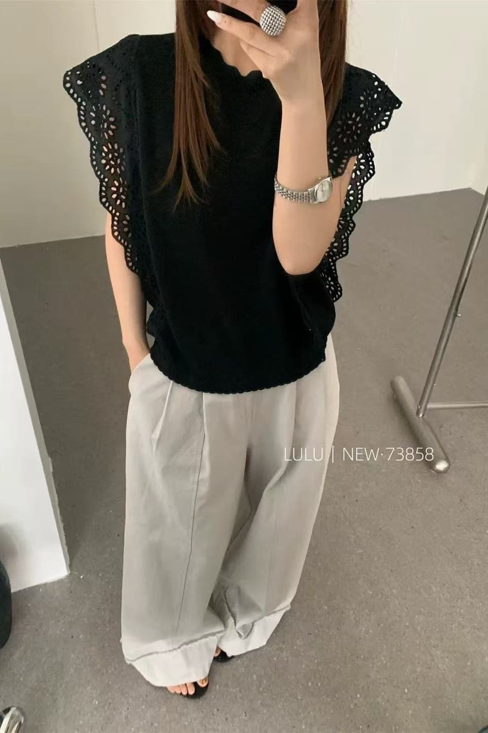 빅 사이즈 여름 얇은 모방 아마 니트 스웨터 티셔츠 여성 한 부서 레트로 레이스 레이스 민소매 홀로우 아웃 맨위 이미지 6