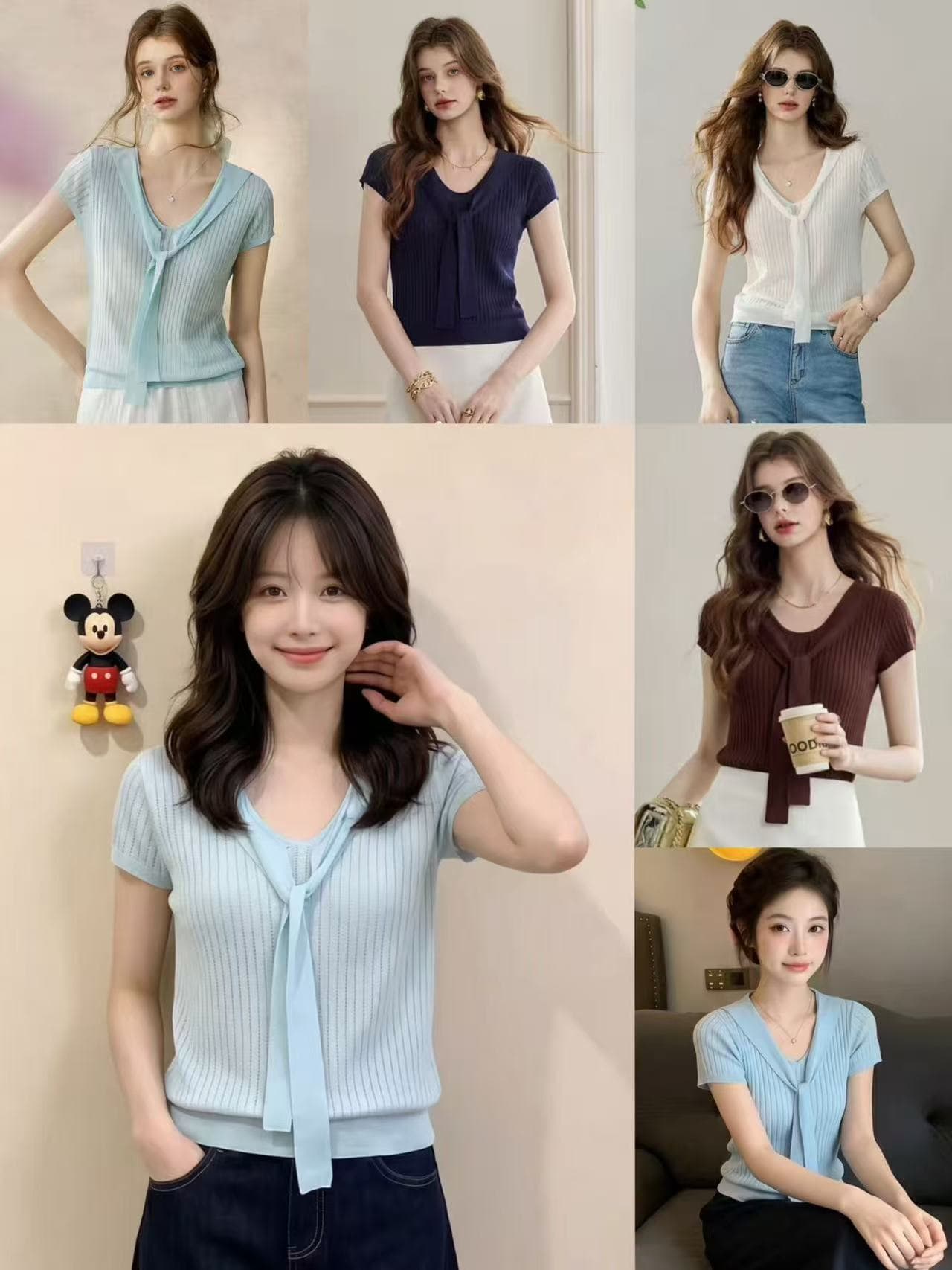 여름 새로운 부드러운 바람 리본 스트랩 단색 반팔 니트 스웨터 여성 편안함 작은 셔츠 맨위 여성 상세 이미지 2