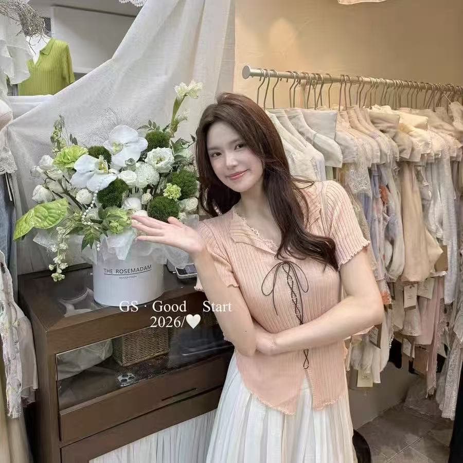 여름 새로운 한 부서 레이스 조각 V넥 디자인 센스 반팔 니트 맨위 여성 레저 다용도 상세 이미지 4