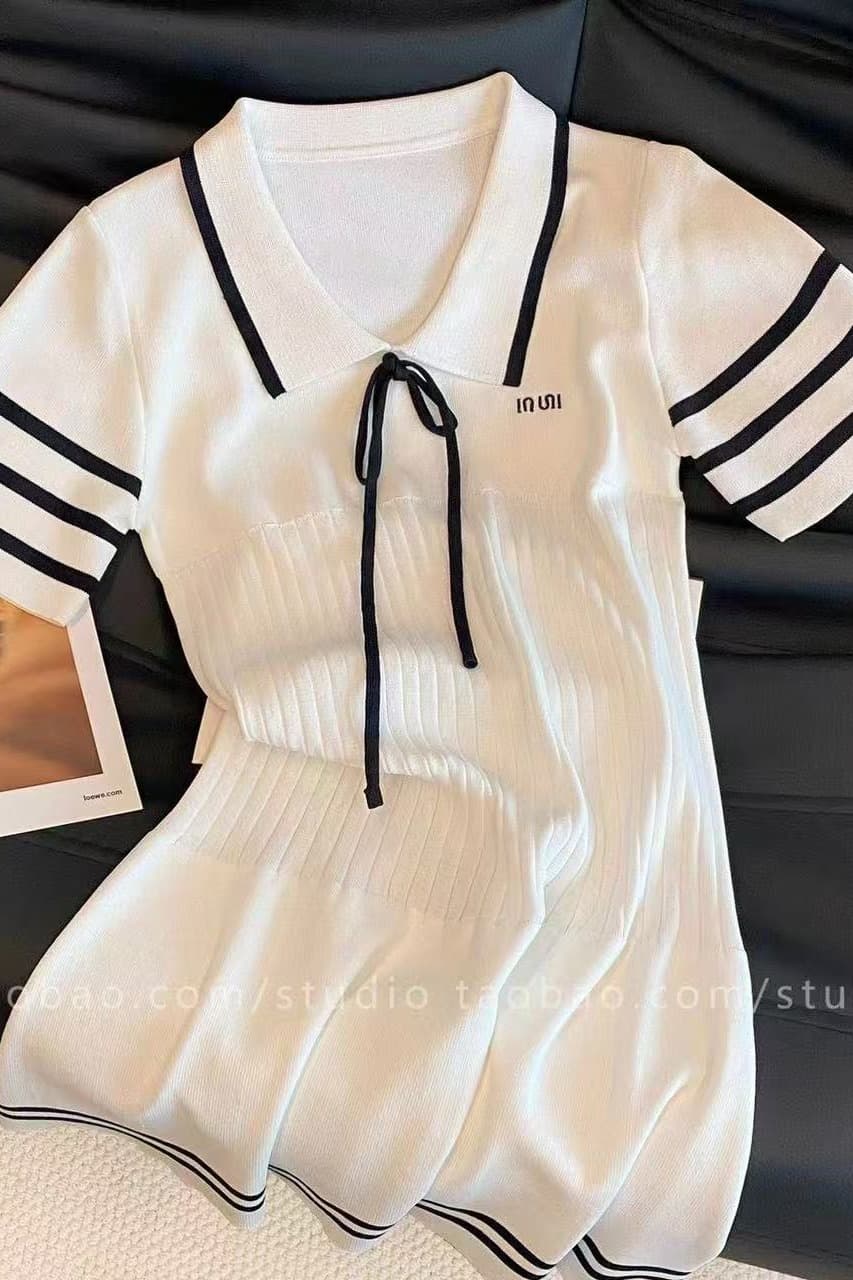 작은 샤넬 스타일 학원 스타일 POLO 칼라 니트 여성 드레스 여름 품격 미니 스커트 작은 대중 패치워크 색상 슬림해 보이는 연령 감소 치마 이미지 6