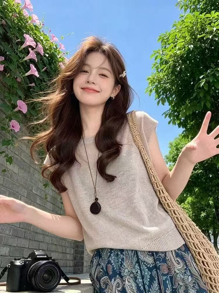 2026 여름 새로운 라운드 넥 니트 반팔 여성 품격 슬림해 보이는 작은 키 슈퍼 잘 생긴 miu 부서 부드러운 찹쌀 맨위 상세 이미지 2
