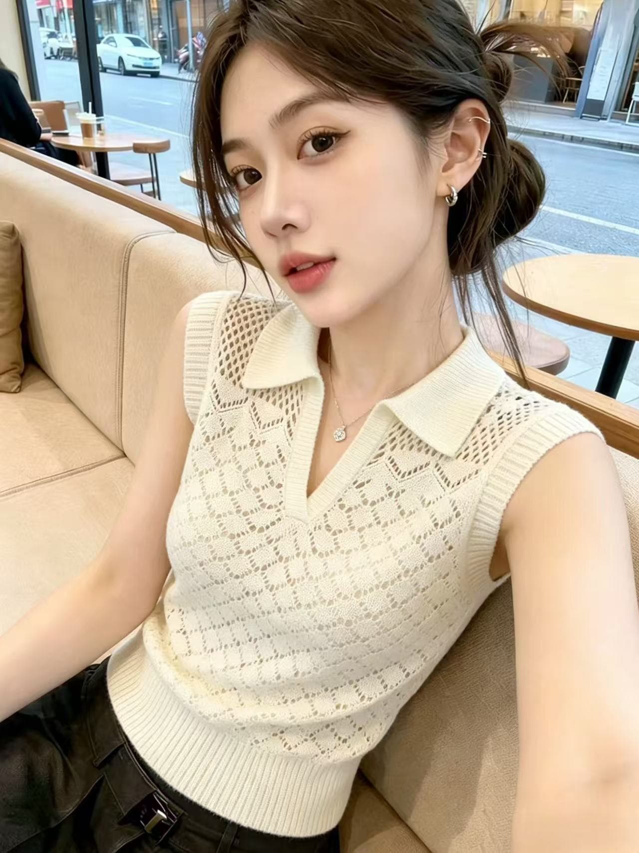 한 부서 자수 홀로우 아웃 폴로 칼라 얼음 실크 니트 조끼 여성 여름 외출용 디자인 센스 품격 슬림해 보이는 민소매 맨위 이미지 2
