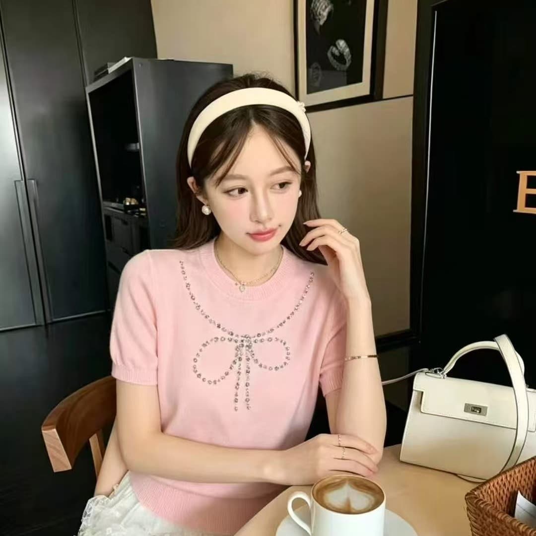 한 부서 디자인 센스 나비 매듭 진주 반팔 셔츠 여성 여름 새로운 슬림해 보이는 맨위 이미지 5