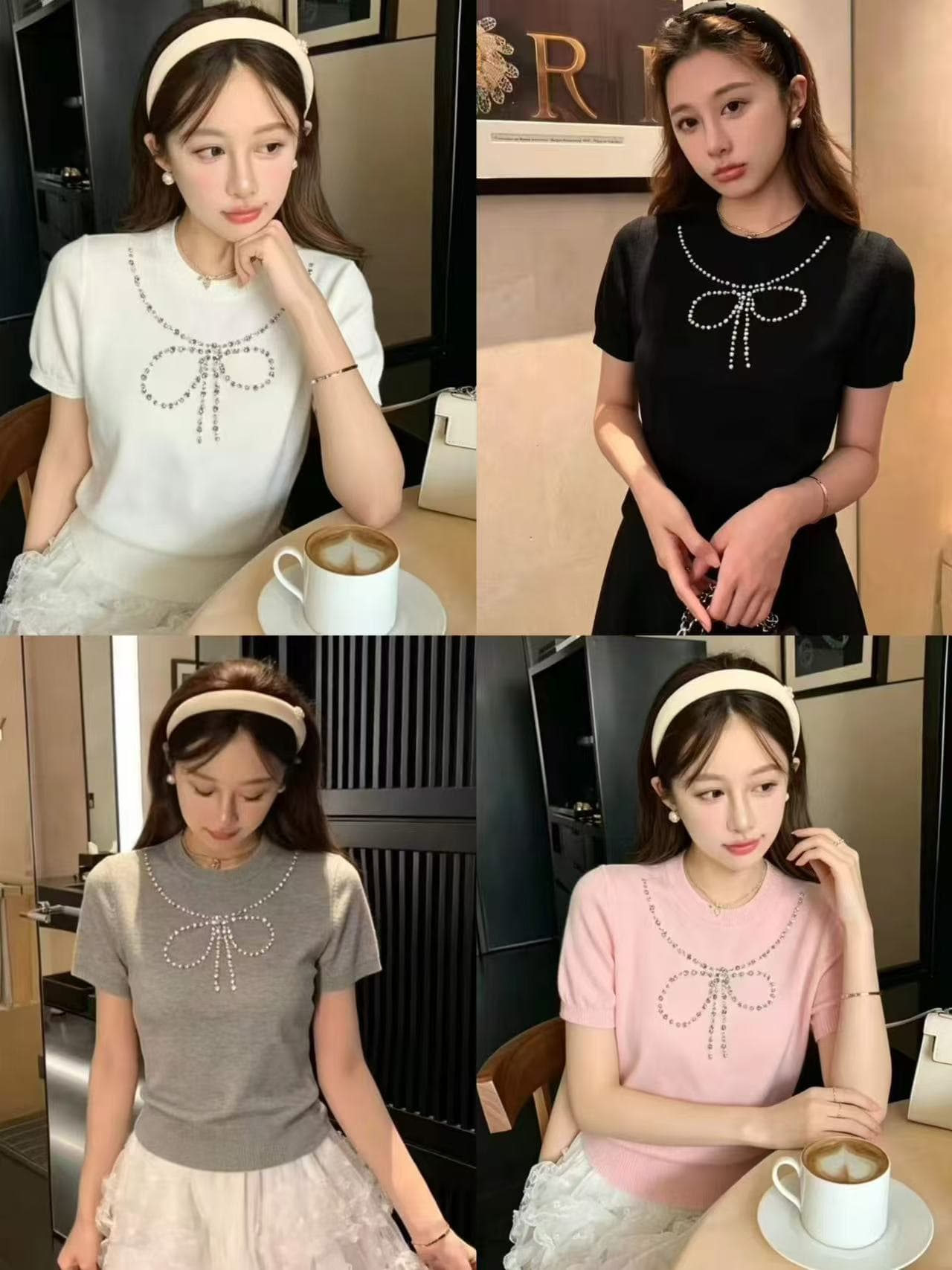 한 부서 디자인 센스 나비 매듭 진주 반팔 셔츠 여성 여름 새로운 슬림해 보이는 맨위 상세 이미지 3