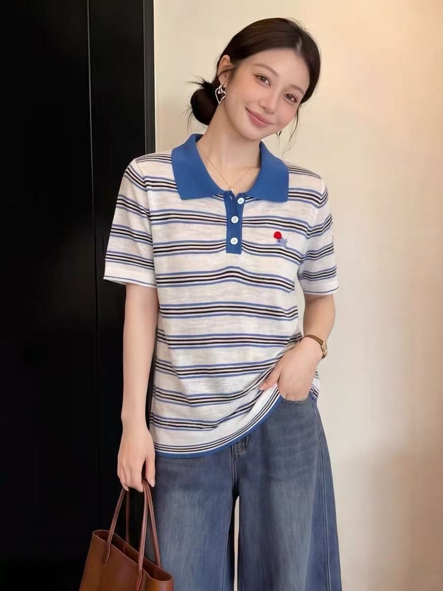 한 부서 배색 POLO 칼라 반팔 니트 스웨터 여성 여름 새로운 루즈핏 슬림해 보이는 품격 패션 디자인 센스 맨위 상세 이미지 7
