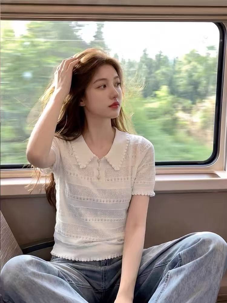 달콤함 소녀 바람 홀로우 아웃 POLO 칼라 반팔 니트 스웨터 티셔츠 여성 여름 한 부서 루즈핏 슬림해 보이는 표지 고기 맨위 상세 이미지 1