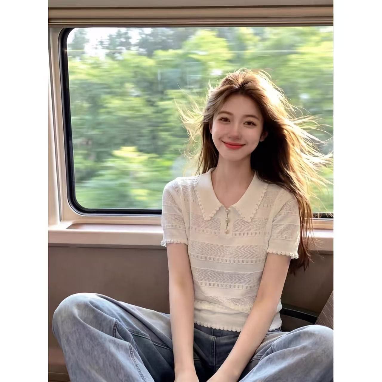 달콤함 소녀 바람 홀로우 아웃 POLO 칼라 반팔 니트 스웨터 티셔츠 여성 여름 한 부서 루즈핏 슬림해 보이는 표지 고기 맨위 상세 이미지 6