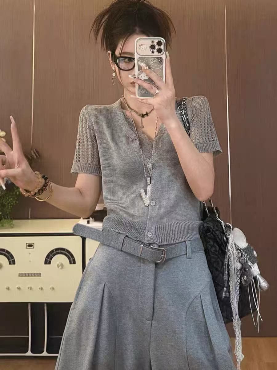 한 부서 오래된 돈 바람 회색 홀로우 아웃 반팔 니트 오픈 가디건 여성 여름 루즈핏 슬림해 보이는 다용도 캐주얼 맨위 얇은 스타일