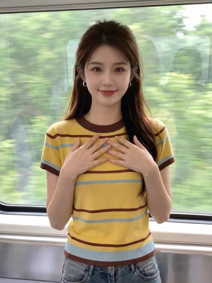 한국 스타일 소녀 스트라이프 배색 반팔 니트 스웨터 여성 여름 새로운 라운드 넥 다용도 패션 Chic 연령 감소 맨위 상세 이미지 3