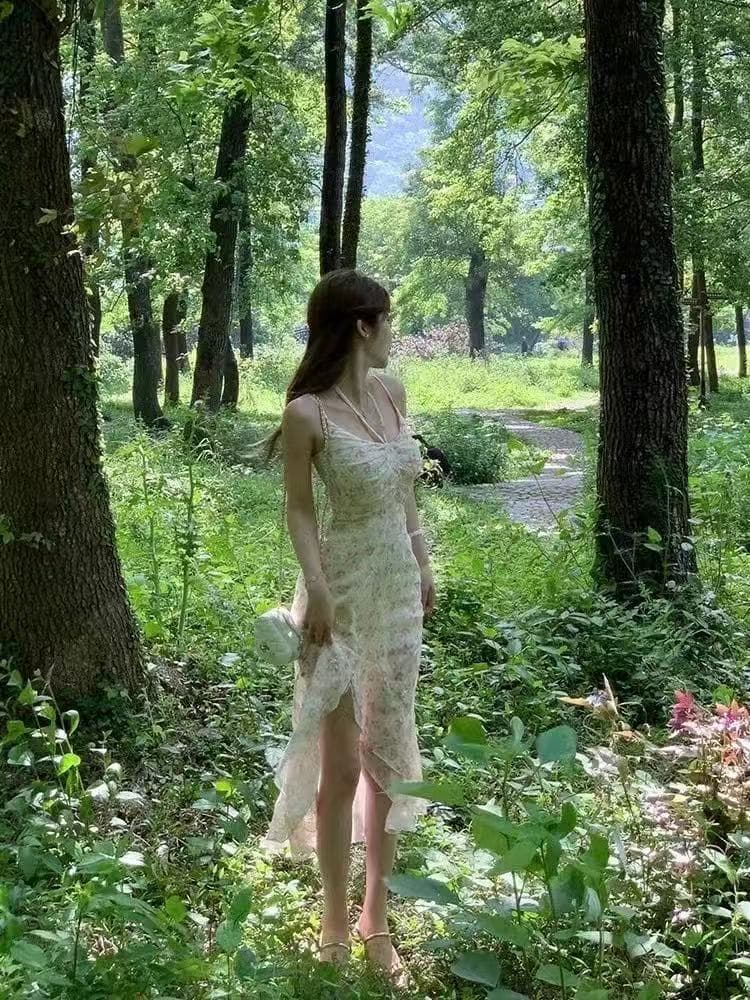 프랑스식 순수한 욕망 바람 슬립 꽃무늬 여성 드레스 여름 허리 수축 섹시함 행침 목 프릴 롱 코트 트임 치마 이미지 3