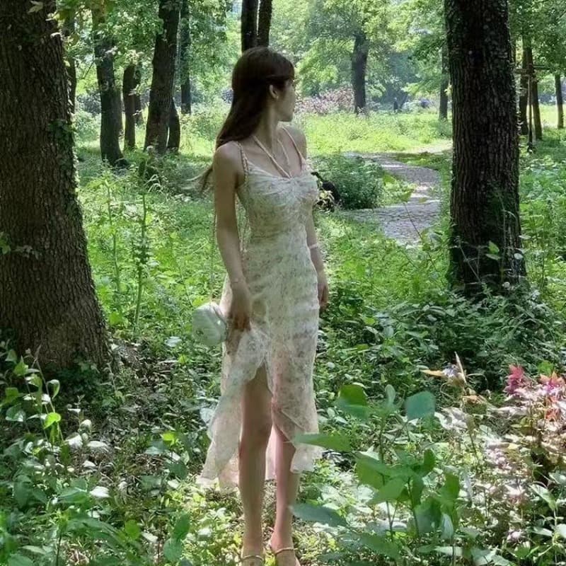 프랑스식 순수한 욕망 바람 슬립 꽃무늬 여성 드레스 여름 허리 수축 섹시함 행침 목 프릴 롱 코트 트임 치마 이미지 5