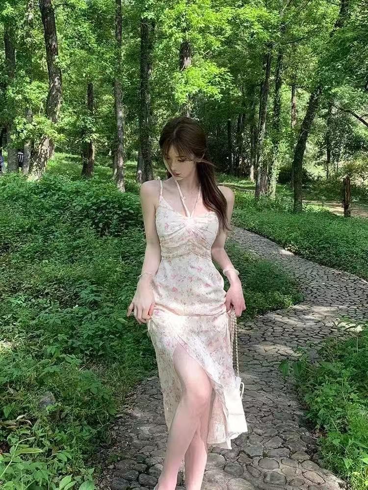 프랑스식 순수한 욕망 바람 슬립 꽃무늬 여성 드레스 여름 허리 수축 섹시함 행침 목 프릴 롱 코트 트임 치마 상세 이미지 4