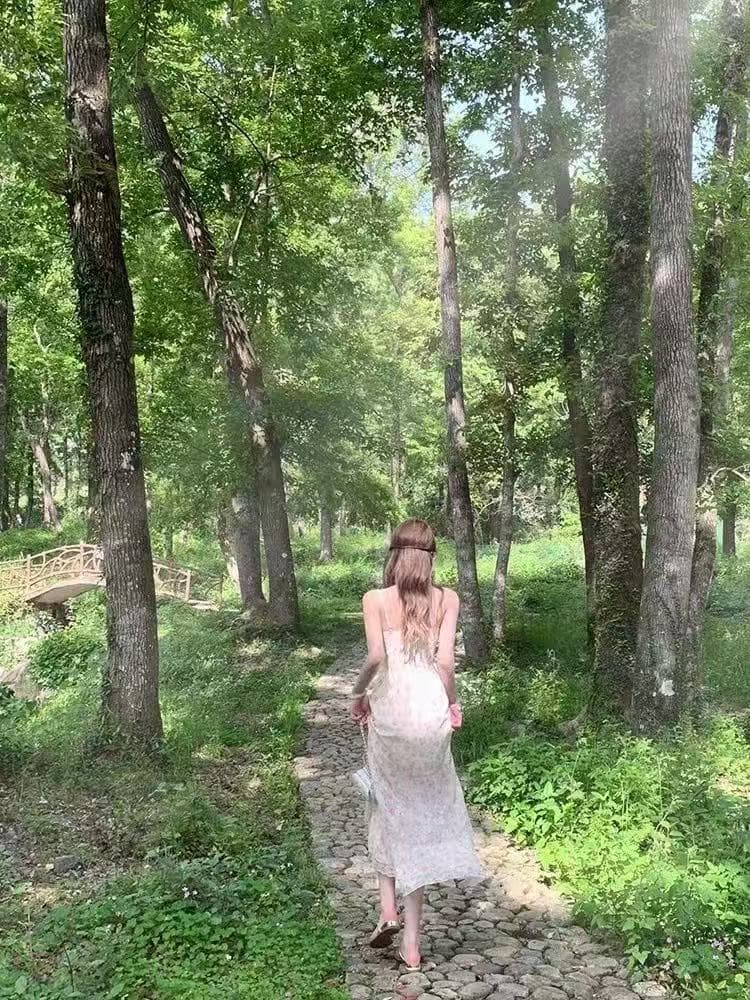 프랑스식 순수한 욕망 바람 슬립 꽃무늬 여성 드레스 여름 허리 수축 섹시함 행침 목 프릴 롱 코트 트임 치마 상세 이미지 5
