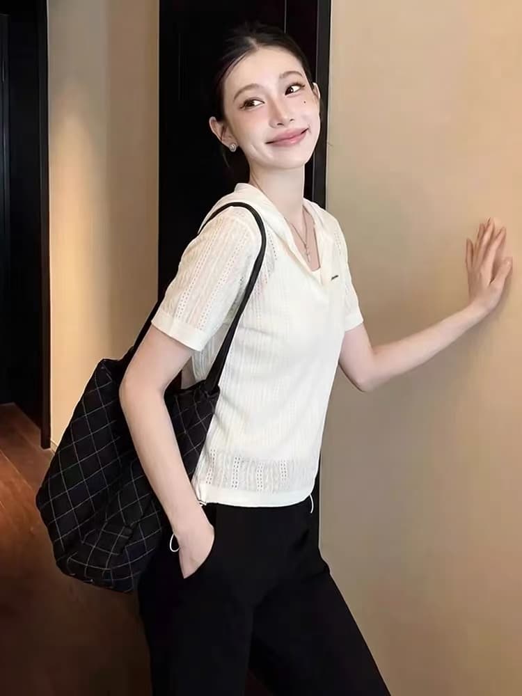 한 부서 화이트 홀로우 아웃 후드 얼음 색상 니트 반팔 티셔츠 여성 여름 자이언트 잘 생긴 다용도 통기성 얇은 스타일 맨위 이미지 3