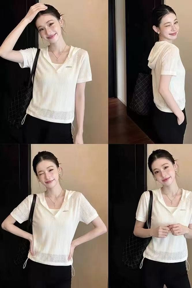 한 부서 화이트 홀로우 아웃 후드 얼음 색상 니트 반팔 티셔츠 여성 여름 자이언트 잘 생긴 다용도 통기성 얇은 스타일 맨위 이미지 6