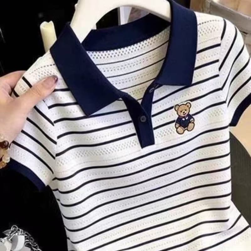 한 부서 학원 스타일 배색 스트라이프 작은 곰 자수 POLO 칼라 반팔 니트 스웨터 여성 여름 새로운 연령 감소 다용도 이미지 5