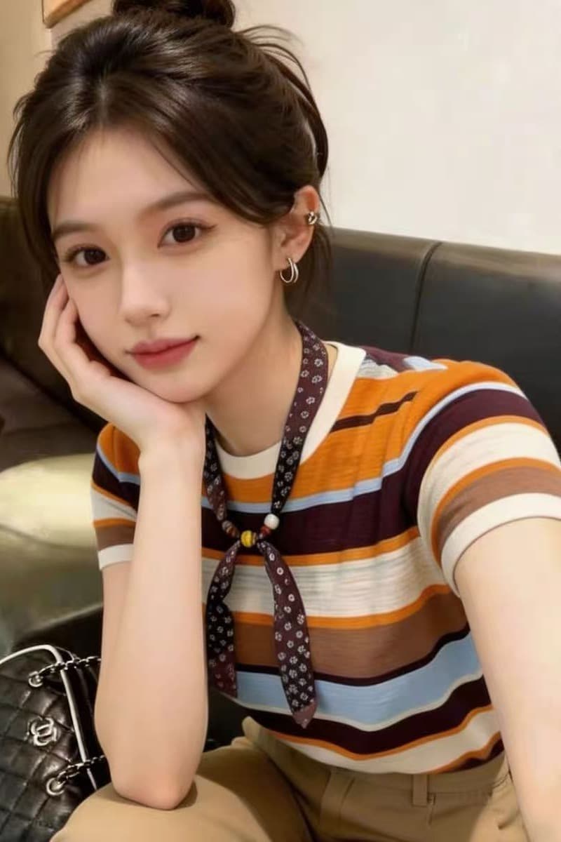 빛 요리 한 바람 스트라이프 배색 패치워크 라운드 넥 반팔 티셔츠 여성 2026 여름 새로운 몸매 가꾸기 슬림해 보이는 작은 대중 맨위 이미지 6