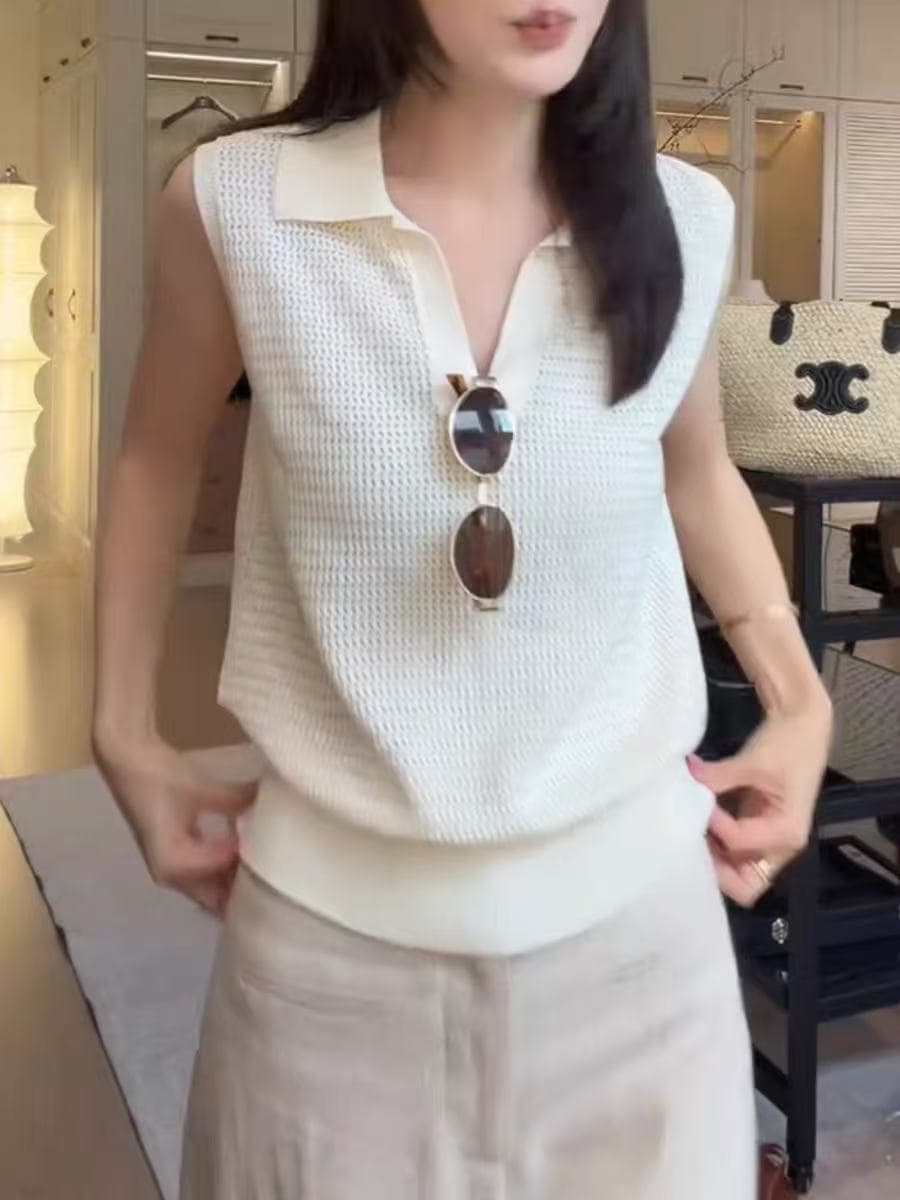 한 부서 오래된 돈 바람 착용 가져 가라. POLO 칼라 니트 스웨터 여성 여름 루즈핏 슬림해 보이는 다용도 어깨 민소매 맨위 얇은 상세 이미지 2