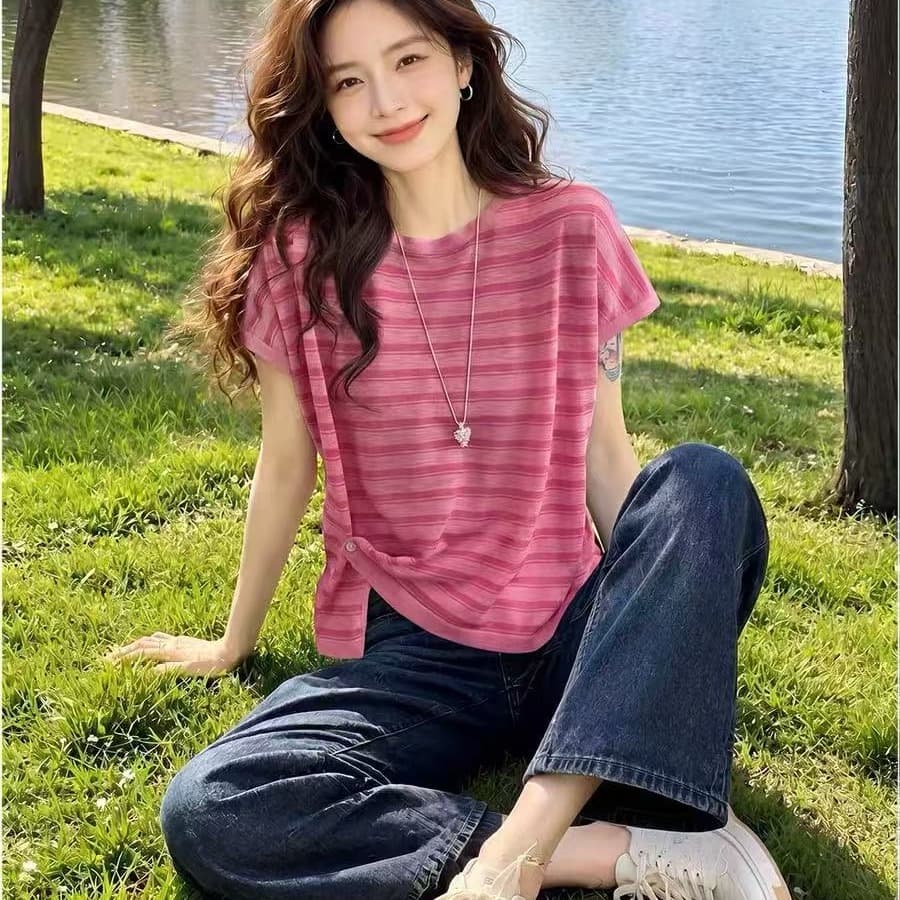 한 부서 빛 럭셔리 딸기 분말 스트라이프 대나무 마디 마 니트 반팔 티셔츠 달콤함 레이스 Feifei 소매 맨위 캐주얼 여성 이미지 5