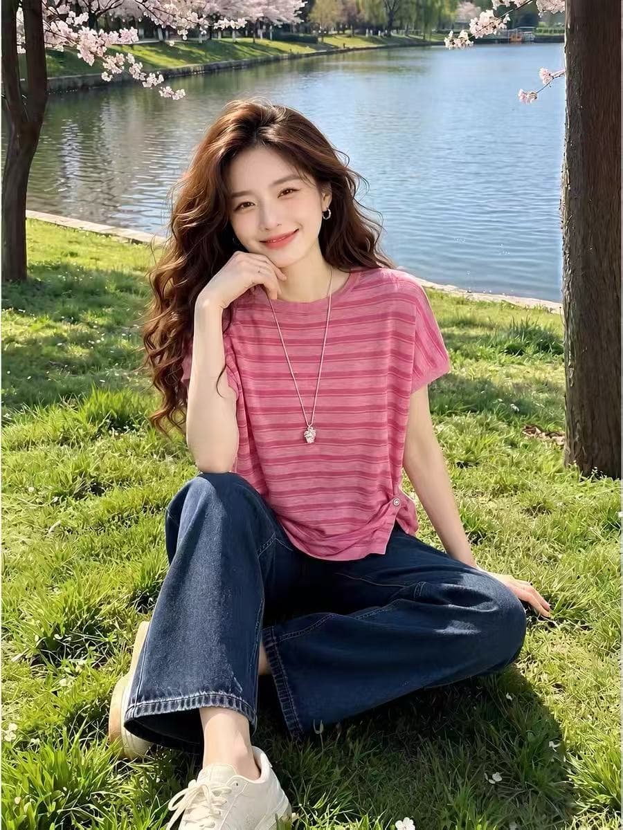 한 부서 빛 럭셔리 딸기 분말 스트라이프 대나무 마디 마 니트 반팔 티셔츠 달콤함 레이스 Feifei 소매 맨위 캐주얼 여성 상세 이미지 1