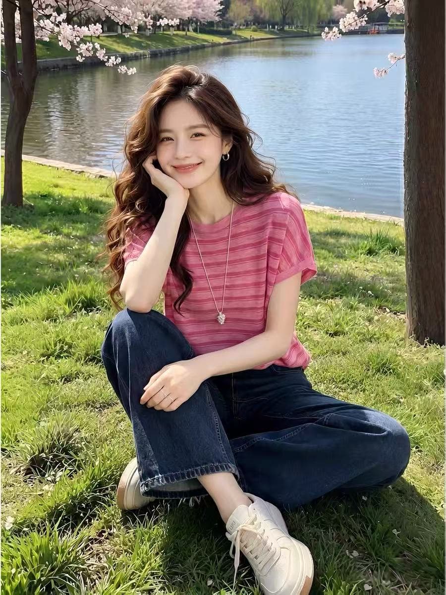한 부서 빛 럭셔리 딸기 분말 스트라이프 대나무 마디 마 니트 반팔 티셔츠 달콤함 레이스 Feifei 소매 맨위 캐주얼 여성 상세 이미지 2