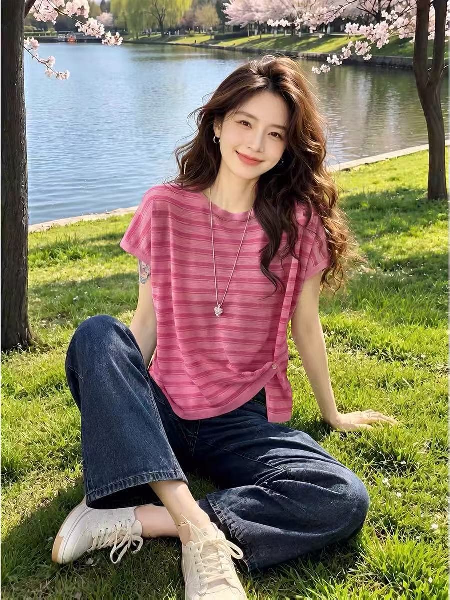 한 부서 빛 럭셔리 딸기 분말 스트라이프 대나무 마디 마 니트 반팔 티셔츠 달콤함 레이스 Feifei 소매 맨위 캐주얼 여성 상세 이미지 4