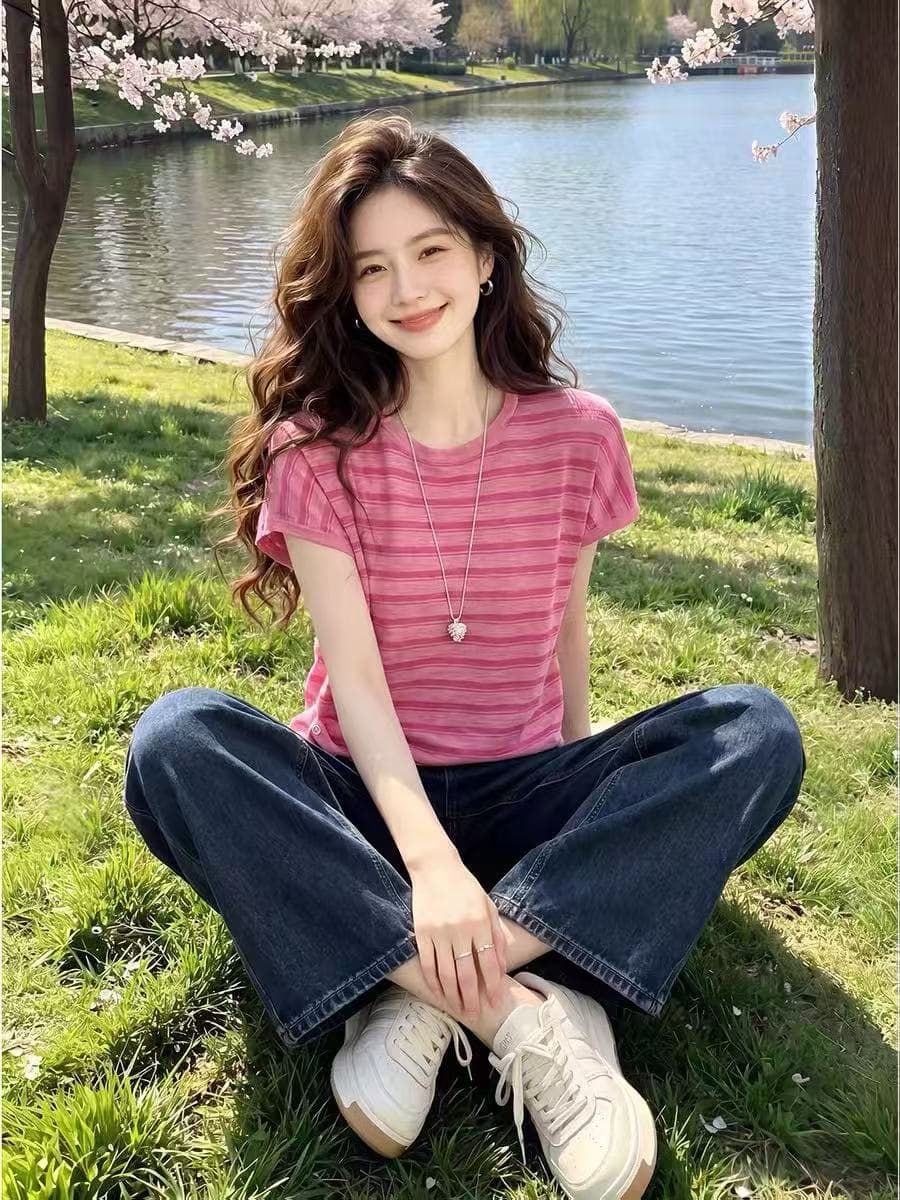 한 부서 빛 럭셔리 딸기 분말 스트라이프 대나무 마디 마 니트 반팔 티셔츠 달콤함 레이스 Feifei 소매 맨위 캐주얼 여성 상세 이미지 5