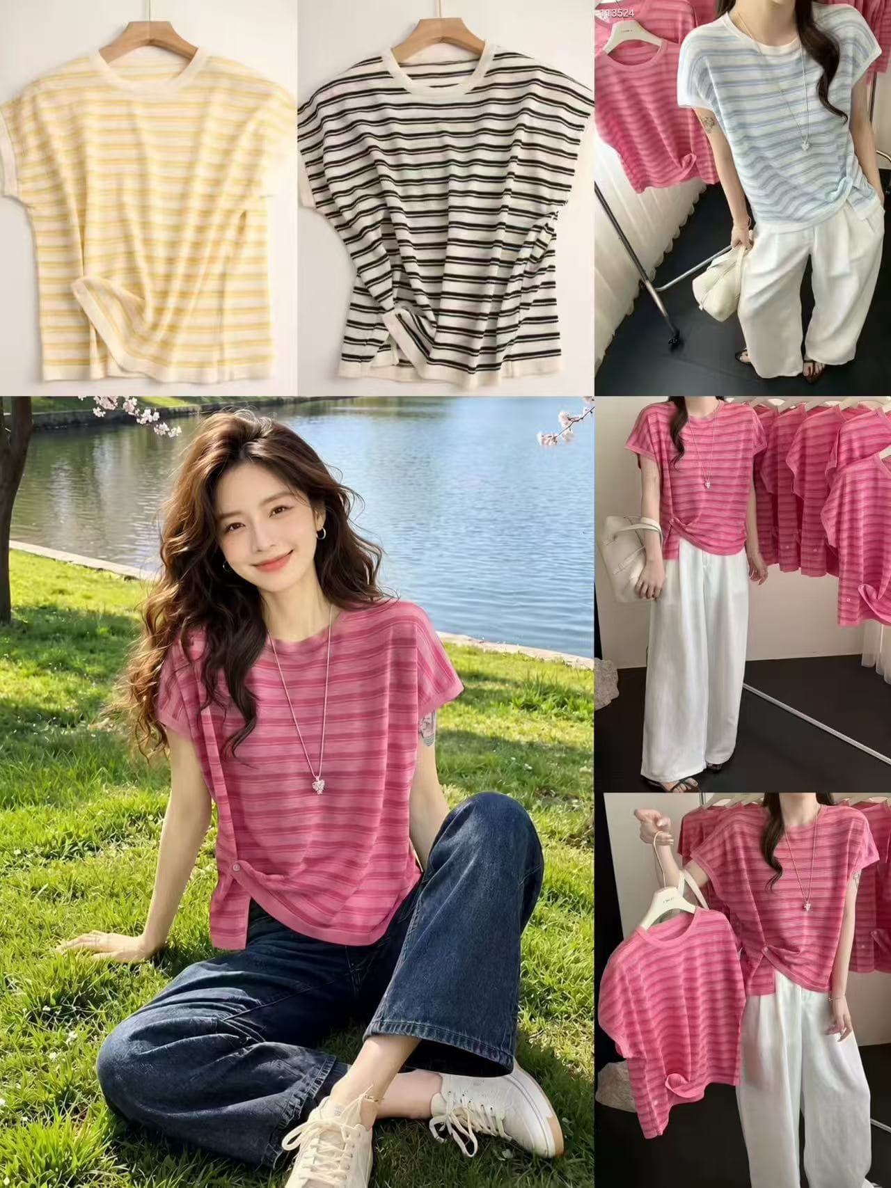 한 부서 빛 럭셔리 딸기 분말 스트라이프 대나무 마디 마 니트 반팔 티셔츠 달콤함 레이스 Feifei 소매 맨위 캐주얼 여성 상세 이미지 7