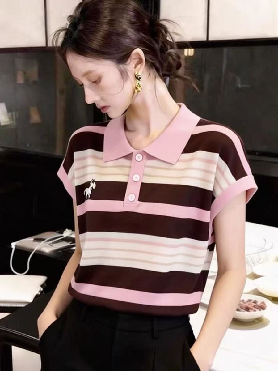 한 부서 chic 배색 스트라이프 POLO 칼라 자수 반팔 니트 티셔츠 여성 여름 새로운 연령 감소 다용도 맨위 이미지 4