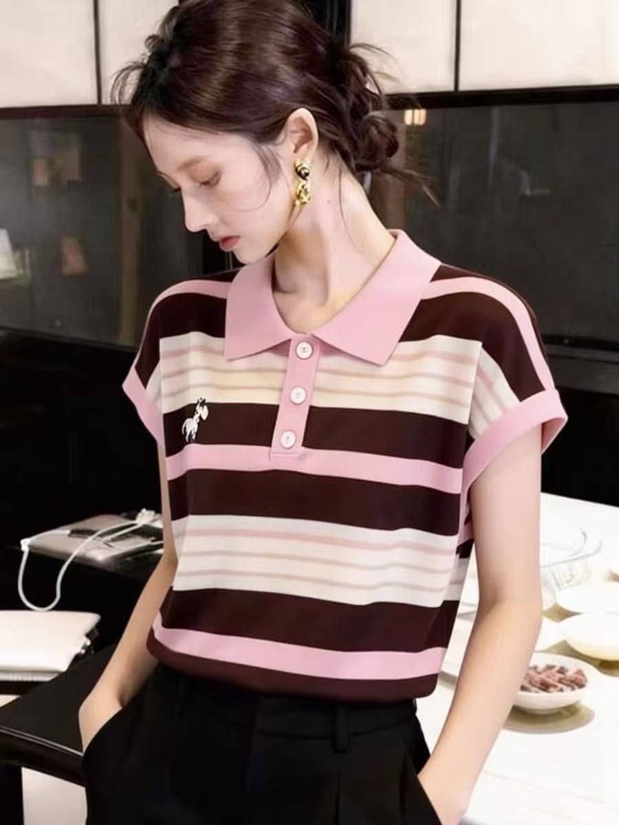 한 부서 chic 배색 스트라이프 POLO 칼라 자수 반팔 니트 티셔츠 여성 여름 새로운 연령 감소 다용도 맨위 상세 이미지 1