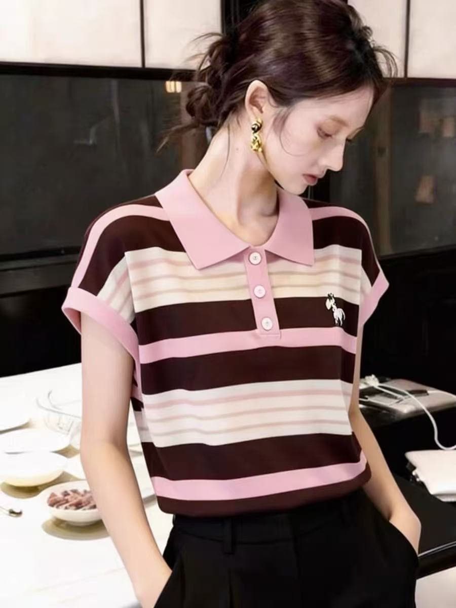 한 부서 chic 배색 스트라이프 POLO 칼라 자수 반팔 니트 티셔츠 여성 여름 새로운 연령 감소 다용도 맨위 상세 이미지 4