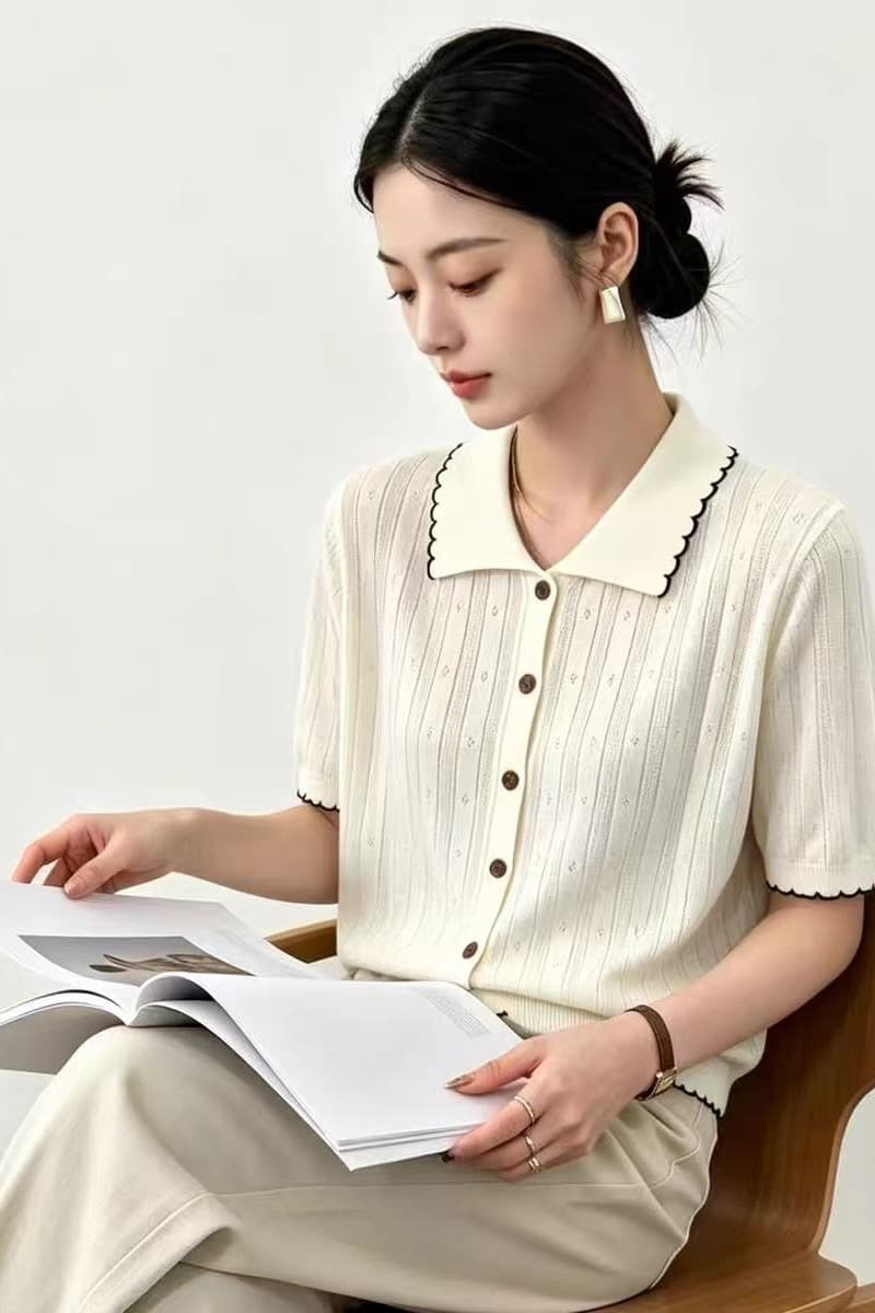 한 부서 홀로우 아웃 폴로 칼라 반팔 니트 오픈 가디건 여성 2026 새로운 루즈핏 다용도 슬림해 보이는 여름 티셔츠 맨위 얇은 이미지 6