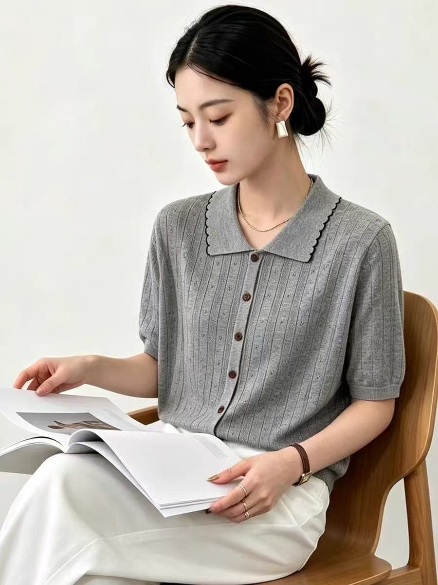 한 부서 홀로우 아웃 폴로 칼라 반팔 니트 오픈 가디건 여성 2026 새로운 루즈핏 다용도 슬림해 보이는 여름 티셔츠 맨위 얇은 상세 이미지 4