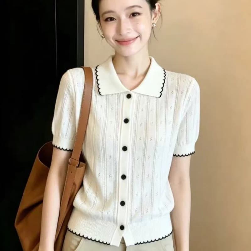 한 부서 미니멀리즘 배색 측면 POLO 칼라 반팔 니트 스웨터 여성 2026 여름 새로운 홀로우 아웃 디자인 슬림해 보이는 오픈 가디건 이미지 5