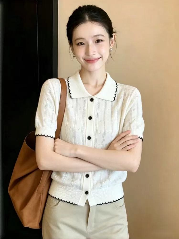 한 부서 미니멀리즘 배색 측면 POLO 칼라 반팔 니트 스웨터 여성 2026 여름 새로운 홀로우 아웃 디자인 슬림해 보이는 오픈 가디건 상세 이미지 1