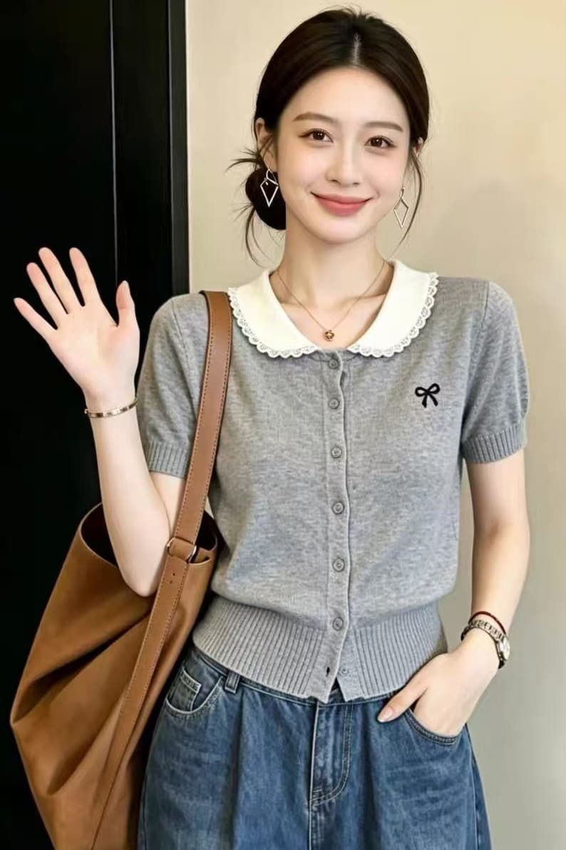 회색 베이비 칼라 반팔 니트 스웨터 여자 2026 새로운 여름 한 부서 배색 얇은 스타일 여성 오픈 가디건 맨위 이미지 6