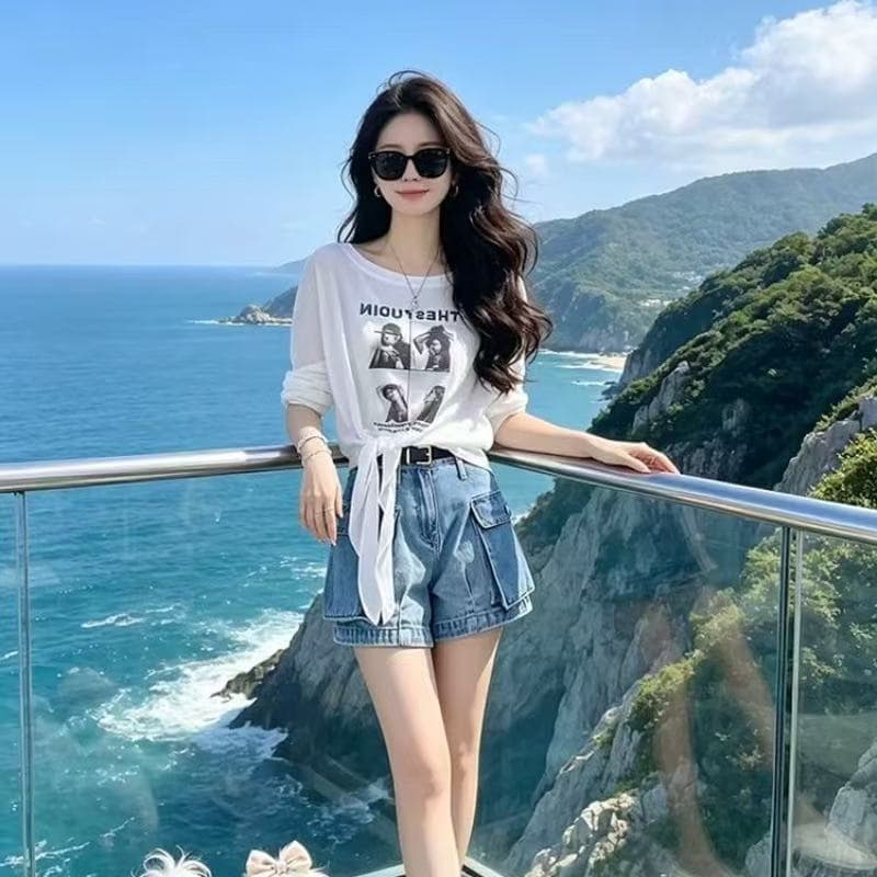 자외선 차단 블라우스 여성 얇은 스타일 여름 2026 새로운 느긋한 바람 해변가 착용 가져 가라. 프린트 루즈핏 화이트 긴팔 티셔츠 상세 이미지 1