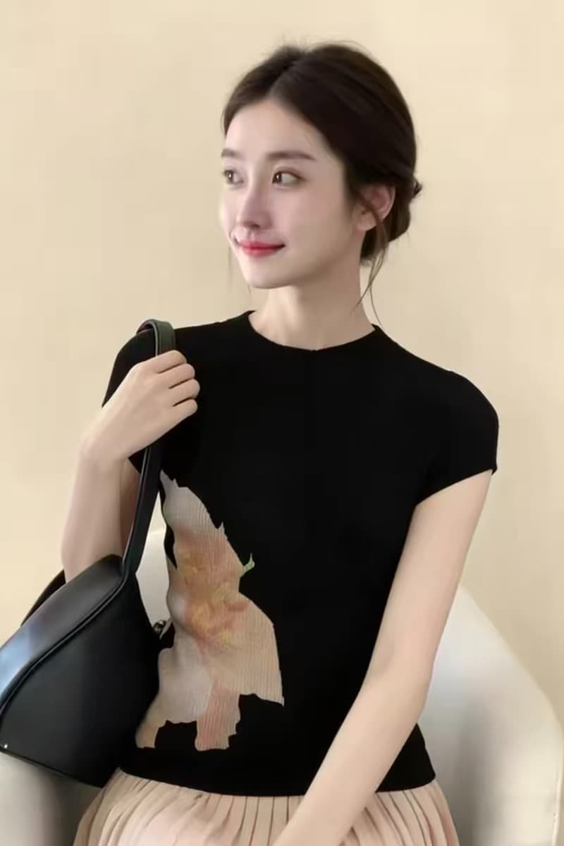 한 부서 수채화 꽃 프린트 몸매 가꾸기 반팔 니트 스웨터 여성 여름 새로운 슬림해 보이는 다용도 디자인 센스 맨위 트렌디 이미지 6