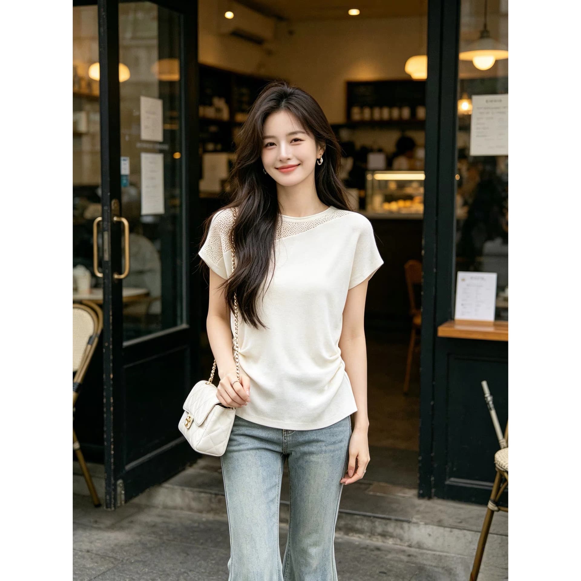 한 부서 연령 감소 다용도 주름 허리 수축 슬림해 보이는 패치워크 홀로우 아웃 티셔츠 반팔 페이크 레이어드 맨위 여름 이미지 5
